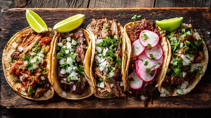 Overhead shot of traditional Mexican taco platter featuring carne asada al pastor and carnitas garnished with lime wedges fresh cilantro and sliced radish on a rustic wooden table