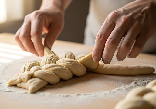 Hands craft braided challah bread, artisan baking concept, home kitchen