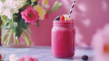 Pink smoothie recipe ideas healthy breakfast drink with berries and flowers for summer refreshment
