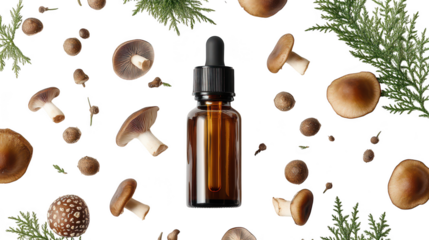 A glass dropper bottle filled with a herbal liquid is surrounded by various mushrooms and green foliage. creating a natural and organic atmosphere ideal for wellness and beauty products