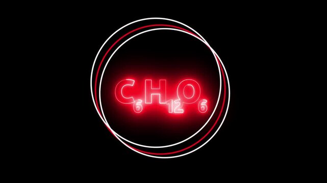 Red Neon Chemical Formula C6 H12 O6 Glowing on Black Background C6H12O6 glucose. 4k