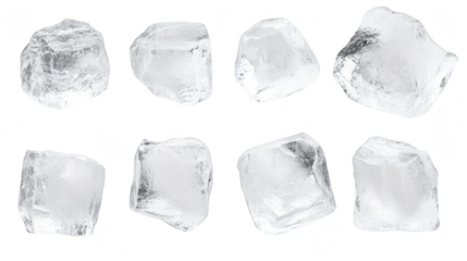 A collection of clear ice cubes arranged aesthetically on a white background. their crystalline structure and reflections. ideal for beverage-related imagery
