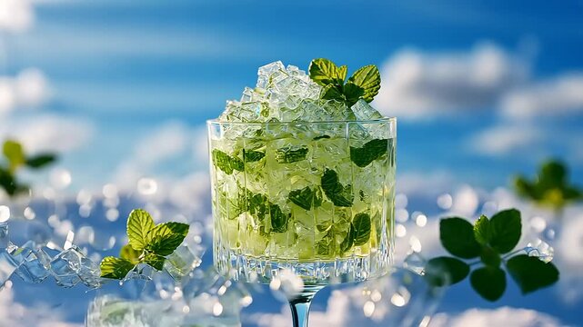 Refreshing Mojito Cocktail with Crushed Ice and Mint Leaves on a Bright Sunny Day