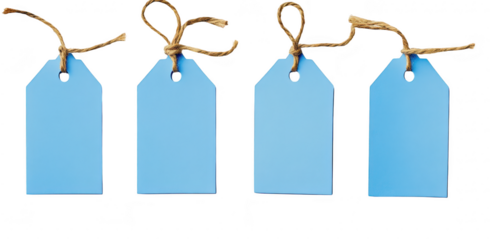 A set of four blank blue tags with twine ties. arranged in a row against a clean white background. ideal for labeling. crafting. or inventory management