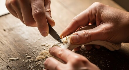 Close-up capturing the craftsman intricate bone carving, skilled artisan
