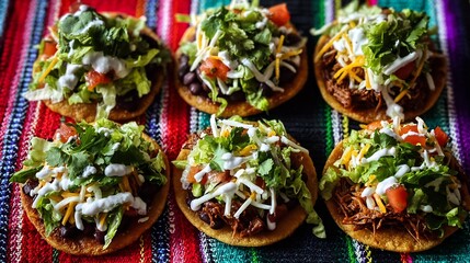Overhead shot of Mexican sopes topped beans shredded beef lettuce crema cheese and salsa roja on a festive striped cloth background