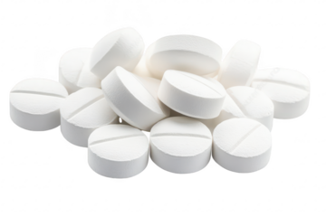 A close-up view of white. round tablets arranged in a scattered manner. their smooth surfaces and split lines. ideal for health and wellness topics or pharmaceutical use