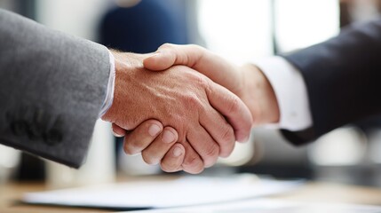 Obraz premium Handshake Deal: A close-up shot of two individuals in business suits engaged in a firm handshake, symbolizing a successful partnership, agreement, or the sealing of a deal.