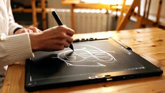 Artist Drawing on Digital Tablet with Stylus Pen on Wooden Table.