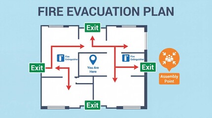 Fire evacuation plan diagram showing emergency exit routes assembly point and extinguisher locations for building safety