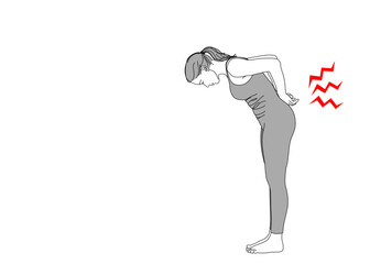 腰痛 ぎっくり腰が痛くて屈んで押さえている女性のイラスト 全身横向き モノクロ