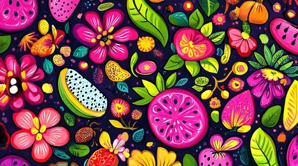 Colorful floral fruit pattern design background illustration wallpaper decorative art print 100