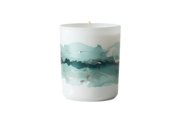 White pillar candle with abstract teal and green watercolor design