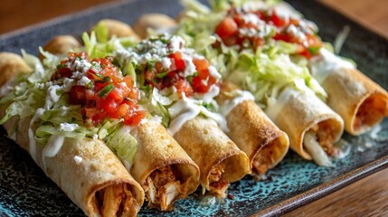 Overhead view of Mexican flautas served crispy golden filled with chicken and topped with lettuce crema and salsa verde