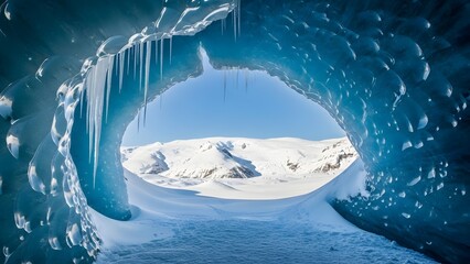 Ice cave tunnel view of snow covered mountains landscape