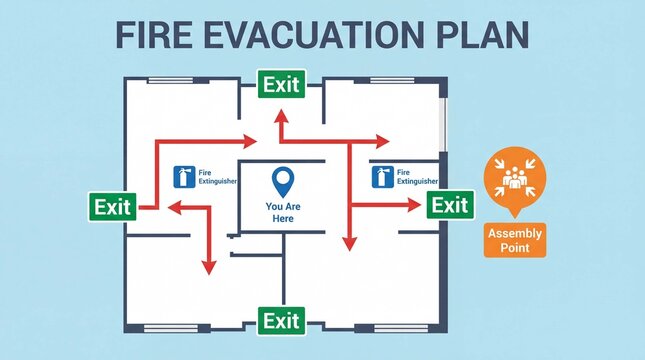 Fire evacuation plan diagram showing emergency exit routes assembly point and extinguisher locations for building safety