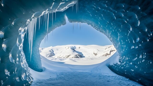 Ice cave tunnel view of snow covered mountains landscape