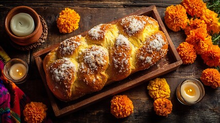 Overhead view of Mexican pan de muerto sweet bread topped sugar placed next to marigold flowers and candles for Da de los Muertos