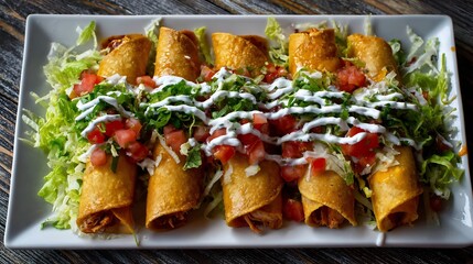 Overhead view of Mexican flautas served crispy golden filled with chicken and topped with lettuce crema and salsa verde