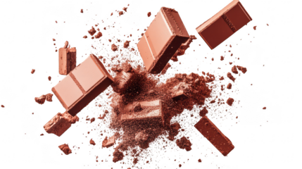 A dynamic explosion of chocolate bars breaking apart. surrounded by flying cocoa powder. creating a rich and enticing scene perfect for food advertising or culinary art
