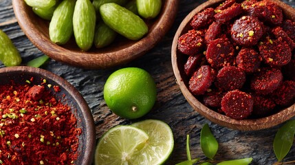 Overhead view of Mexican tamarindo chamoy candies chili powder coating arranged in bowls with fresh tamarind pods and lime slices