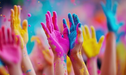 Colorful hands celebrating the festival of Holi, a vibrant expression of joy and unity with a splash of color.