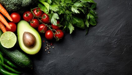 Assortment of fresh vegetables, including avocado, tomatoes, broccoli, and herbs, arranged on a dark, textured surface