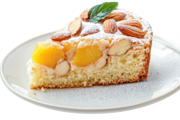 A beautifully presented slice of almond and peach cake on a white plate. the moist interior and garnished with powdered sugar and mint leaves. perfect for dessert lovers and baking enthusiasts