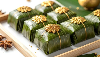 Close-up of eight square treats wrapped in green leaves, tied with gold string and adorned with decorative golden floral accents