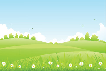 A vibrant green rolling hillside scene beneath a clear blue sky high quality