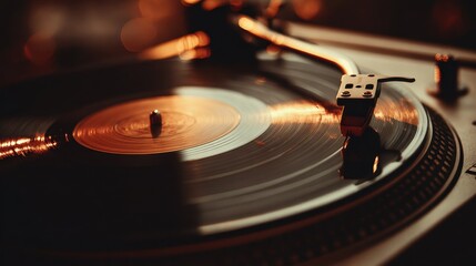Spinning vinyl record with warm tones creates a nostalgic music background for relaxing evenings and cozy gatherings at home in soft light