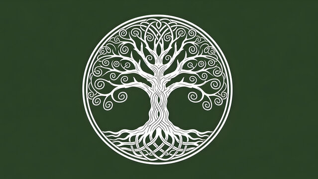 vector illustration of a tree on blackboard, White Tree of Life illustration, intricate Celtic knots pattern in green circle. Symbolic design shows interwoven roots, branches. Represents nature, conne