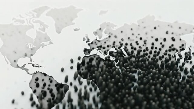 Abstract world map with black liquid droplets, global population density concept, monochrome earth map with fluid ink dots