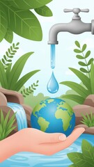 Earth in Hand under Faucet Drip: Save Water Concept