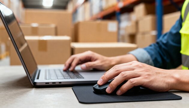 Close-up of a warehouse worker's hands using a laptop and mouse with stacked boxes in the blurred background.
