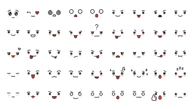 Set of cartoon kawaii faces emotions.