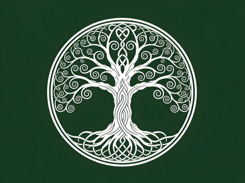 vector illustration of a tree on blackboard, White Tree of Life illustration, intricate Celtic knots pattern in green circle. Symbolic design shows interwoven roots, branches. Represents nature, conne