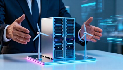 A businessman presenting a model of a green energy-powered data center with wind turbines and server racks.