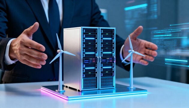 A businessman presenting a model of a green energy-powered data center with wind turbines and server racks. - Powered by Adobe