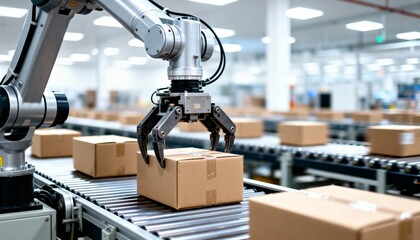 Robotic arm picks up a cardboard box from an automated conveyor belt in a modern distribution warehouse.
