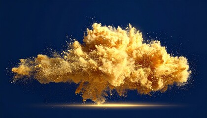 A captivating shot of a vibrant golden dust explosion with intricate detail against a contrasting dark blue backdrop, evoking energy and chaos. 