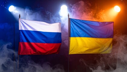 Ukraine and Russia flags on poles with dramatic lighting and smoke effects.