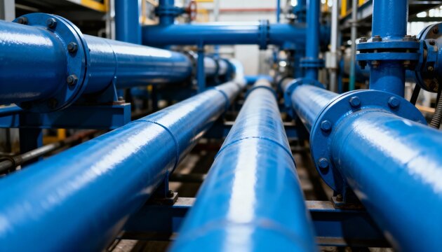 Close-up view of bright blue industrial pipes and piping systems connected by flanges in a factory setting.