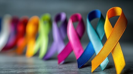 Colorful awareness ribbons arranged in a line highlighting various cancer awareness campaigns and their causes for community support