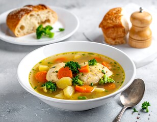 Hearty chicken and vegetable soup in a white bowl, bread
