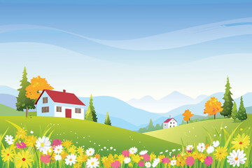 Naklejka premium a picturesque view of a cozy house nestled within a vibrant landscape