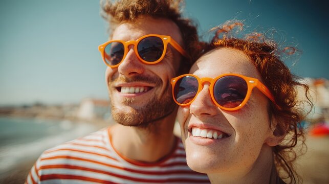 Young couple enjoys sunny beach day wearing sunglasses while capturing fun moments at the shore during hot summer weather - Powered by Adobe