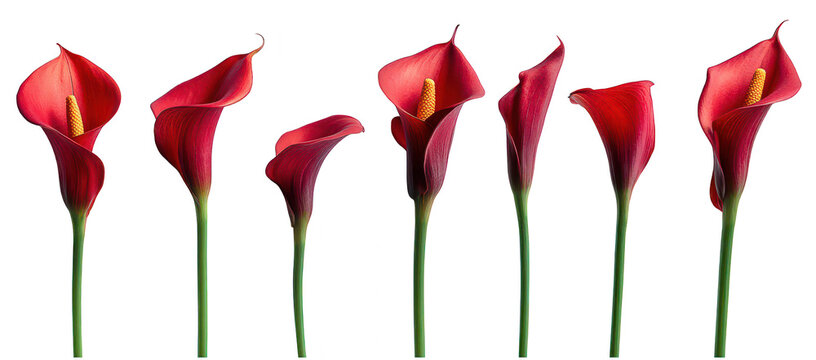 A stunning arrangement of red calla lilies displayed elegantly in a row against a clean white background. ideal for floral design inspiration or decorative purposes