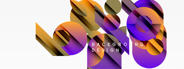 Abstract geometric shapes overlap, creating vibrant colorful background. Modern design features gradients, shadows, dynamic composition.