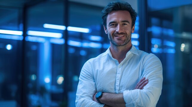 Confident Professional's Portrait: A poised individual, exudes competence in a modern office, his gaze radiates confidence.